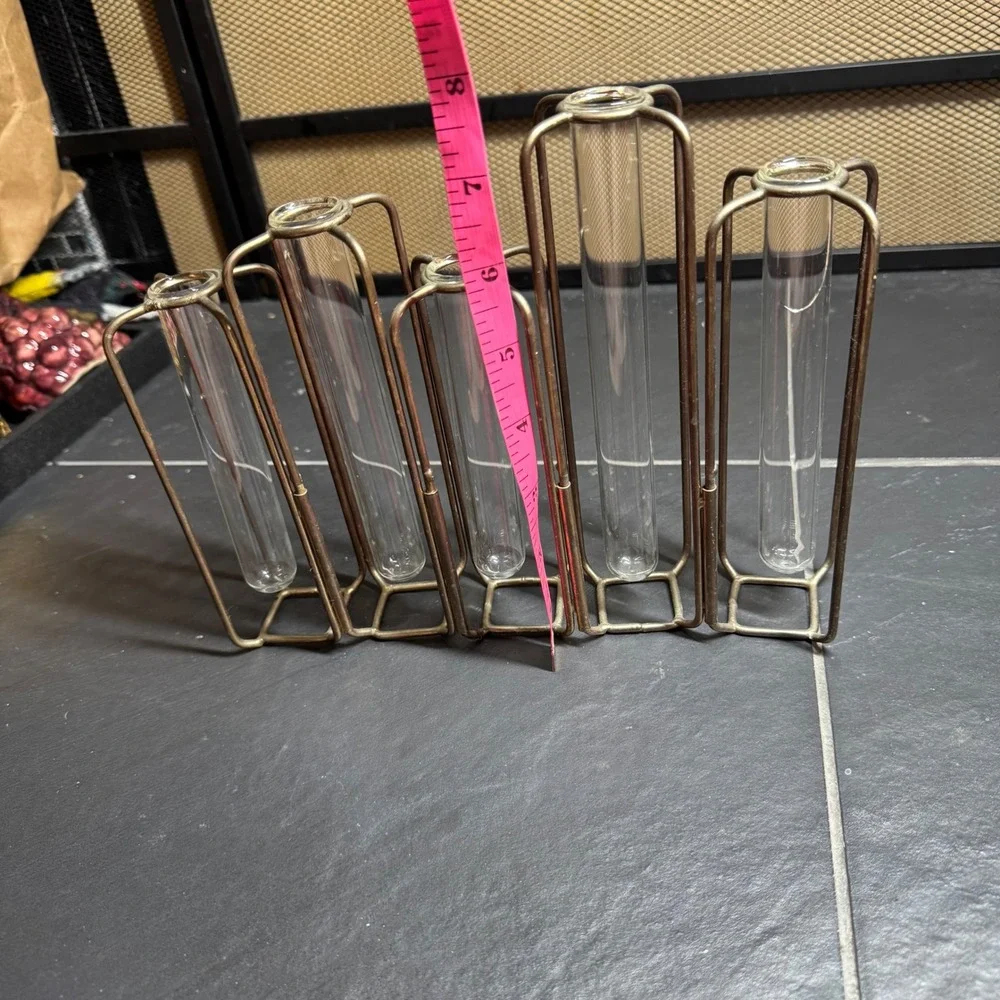 Hinged Test Tube Vase Set 5 Glass Tubes Brass Metal Frame Propagation Station